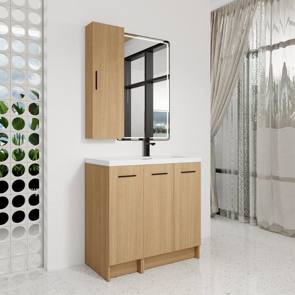 English Elm 36 Inch Freestanding Bathroom Vanity Set with Linen Tower Oak Grain Soft Close Doors W3450S00107