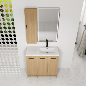 English Elm 36 Inch Freestanding Bathroom Vanity Set with Linen Tower Oak Grain Soft Close Doors W3450S00107