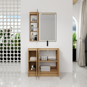 English Elm 36 Inch Freestanding Bathroom Vanity Set with Linen Tower Oak Grain Soft Close Doors W3450S00107