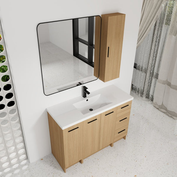 English Elm 48" Freestanding Bathroom Vanity with Resin Sink Tall Side Cabinet Light Oak W3450S00111