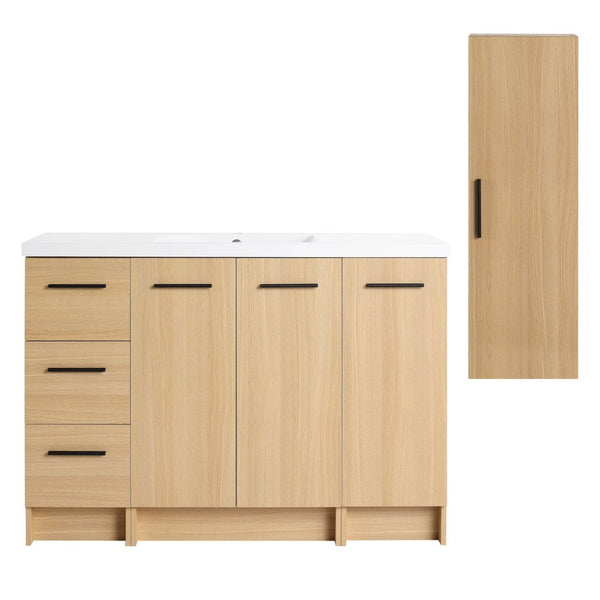 English Elm 48" Freestanding Bathroom Vanity with Resin Sink Tall Side Cabinet Light Oak W3450S00111