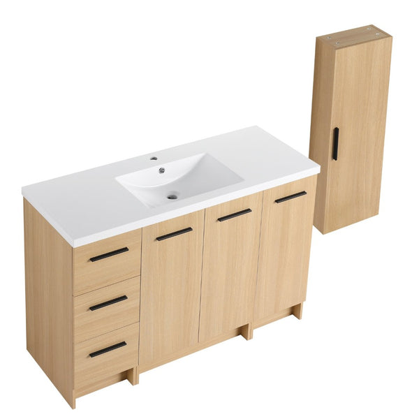 English Elm 48" Freestanding Bathroom Vanity with Resin Sink Tall Side Cabinet Light Oak W3450S00111