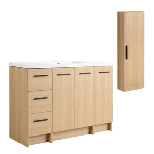 English Elm 48" Freestanding Bathroom Vanity with Resin Sink Tall Side Cabinet Light Oak W3450S00111