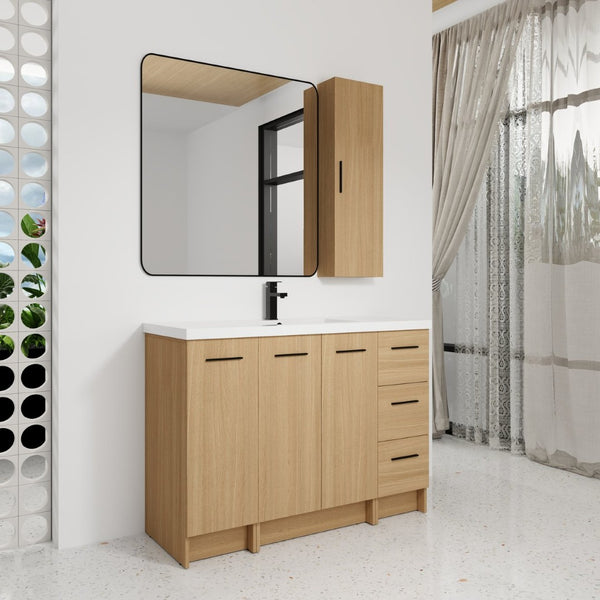 English Elm 48" Freestanding Bathroom Vanity with Resin Sink Tall Side Cabinet Light Oak W3450S00111