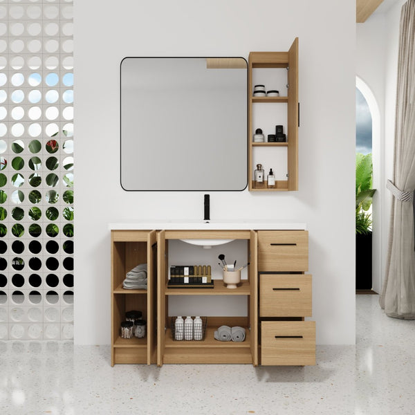 English Elm 48" Freestanding Bathroom Vanity with Resin Sink Tall Side Cabinet Light Oak W3450S00111