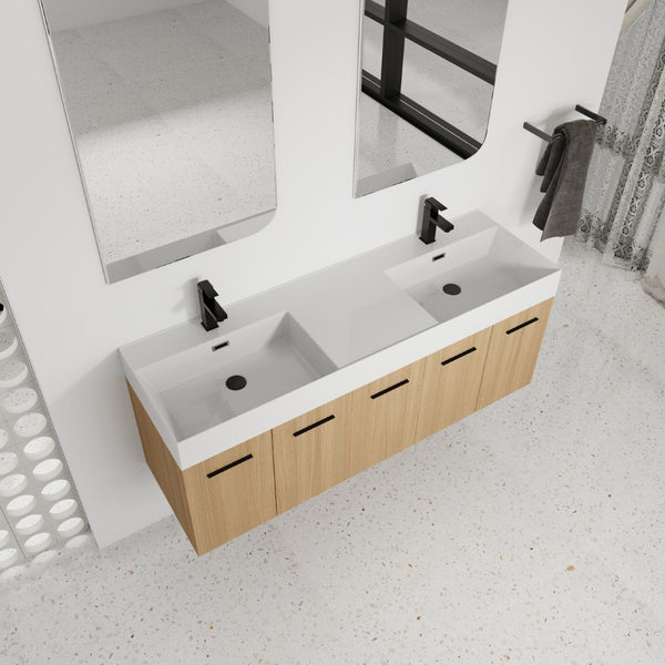 English Elm 60 Inch Floating Double Sink Vanity Light Oak Plywood Cabinet Soft Close Doors W3450S00116