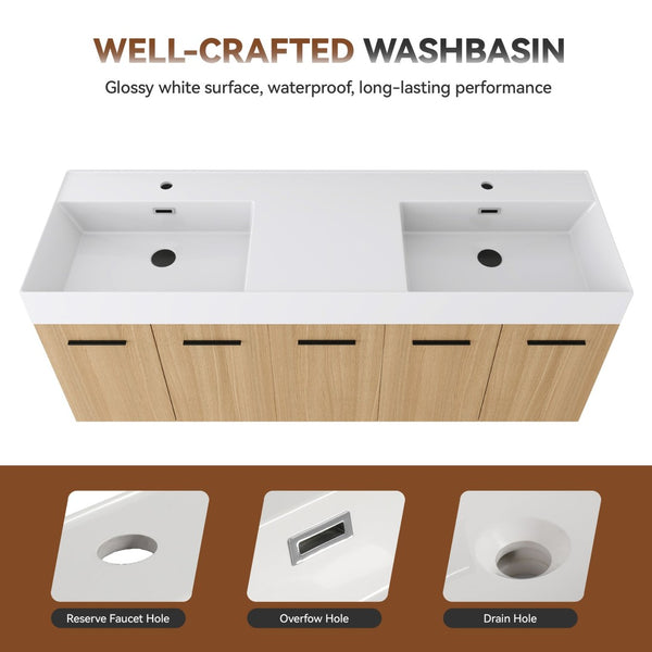 English Elm 60 Inch Floating Double Sink Vanity Light Oak Plywood Cabinet Soft Close Doors W3450S00116