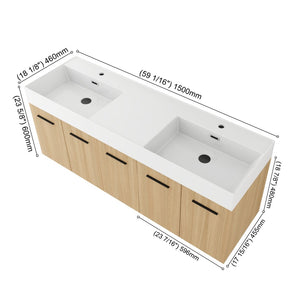 English Elm 60 Inch Floating Double Sink Vanity Light Oak Plywood Cabinet Soft Close Doors W3450S00116