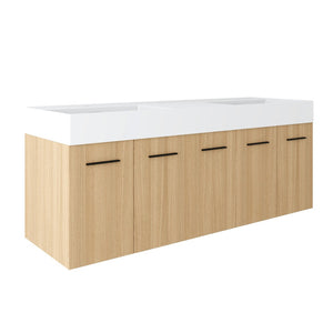 English Elm 60 Inch Floating Double Sink Vanity Light Oak Plywood Cabinet Soft Close Doors W3450S00116
