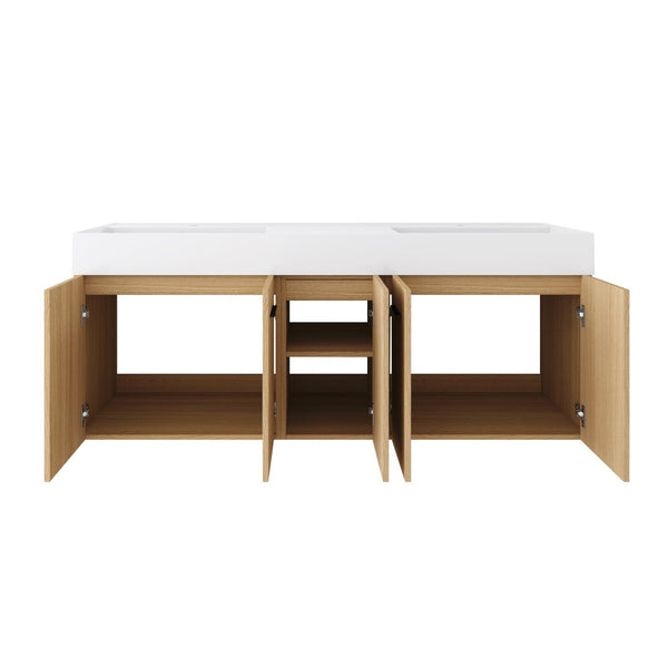 English Elm 60 Inch Floating Double Sink Vanity Light Oak Plywood Cabinet Soft Close Doors W3450S00116