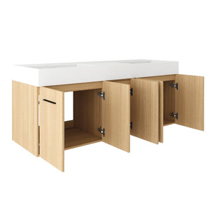 English Elm 60 Inch Floating Double Sink Vanity Light Oak Plywood Cabinet Soft Close Doors W3450S00116
