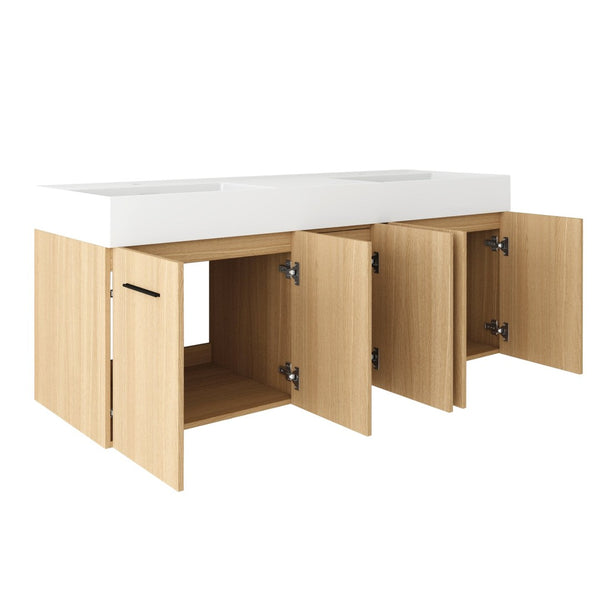 English Elm 60 Inch Floating Double Sink Vanity Light Oak Plywood Cabinet Soft Close Doors W3450S00116