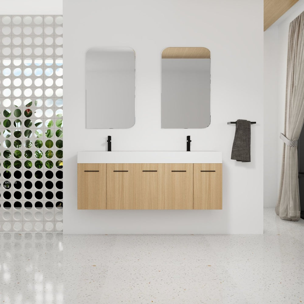 English Elm 60 Inch Floating Double Sink Vanity Light Oak Plywood Cabinet Soft Close Doors W3450S00116