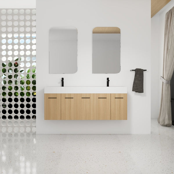 English Elm 60 Inch Floating Double Sink Vanity Light Oak Plywood Cabinet Soft Close Doors W3450S00116
