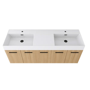 English Elm 60 Inch Floating Double Sink Vanity Light Oak Plywood Cabinet Soft Close Doors W3450S00116