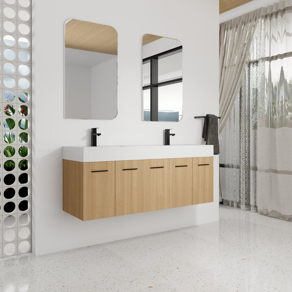 English Elm 60 Inch Floating Double Sink Vanity Light Oak Plywood Cabinet Soft Close Doors W3450S00116