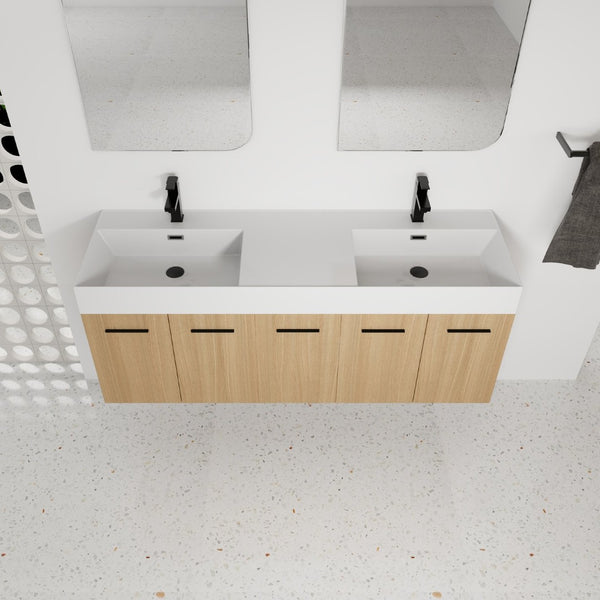 English Elm 60 Inch Floating Double Sink Vanity Light Oak Plywood Cabinet Soft Close Doors W3450S00116