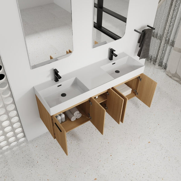 English Elm 60 Inch Floating Double Sink Vanity Light Oak Plywood Cabinet Soft Close Doors W3450S00116