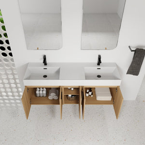 English Elm 60 Inch Floating Double Sink Vanity Light Oak Plywood Cabinet Soft Close Doors W3450S00116
