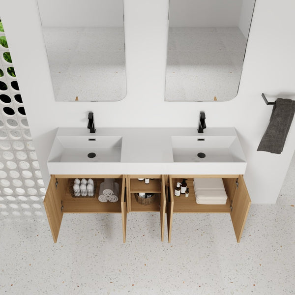 English Elm 60 Inch Floating Double Sink Vanity Light Oak Plywood Cabinet Soft Close Doors W3450S00116