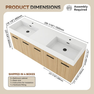 English Elm 60 Inch Floating Double Sink Vanity Light Oak Plywood Cabinet Soft Close Doors W3450S00116