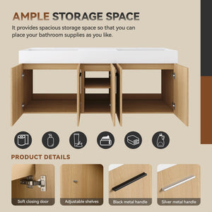 English Elm 60 Inch Floating Double Sink Vanity Light Oak Plywood Cabinet Soft Close Doors W3450S00116