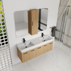 English Elm 60 Inch Floating Double Sink Vanity Set with Linen Tower in Warm Oak Plywood W3450S00117