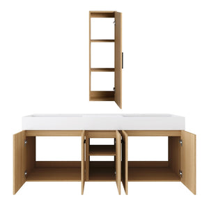 English Elm 60 Inch Floating Double Sink Vanity Set with Linen Tower in Warm Oak Plywood W3450S00117