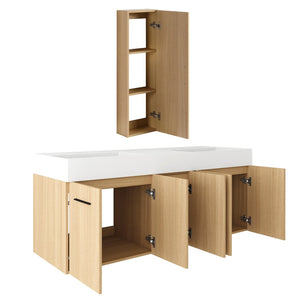 English Elm 60 Inch Floating Double Sink Vanity Set with Linen Tower in Warm Oak Plywood W3450S00117