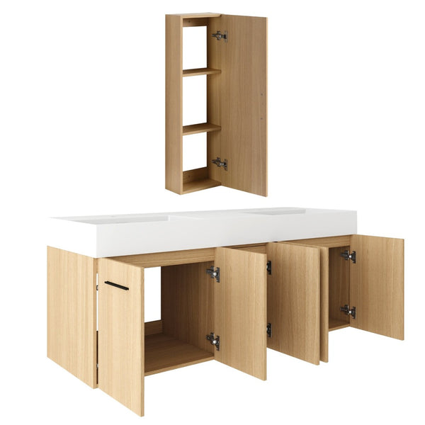 English Elm 60 Inch Floating Double Sink Vanity Set with Linen Tower in Warm Oak Plywood W3450S00117