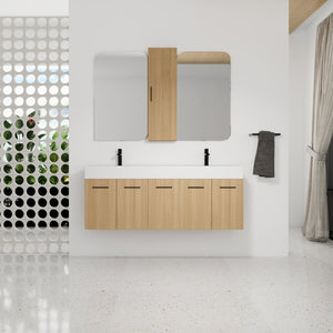 English Elm 60 Inch Floating Double Sink Vanity Set with Linen Tower in Warm Oak Plywood W3450S00117