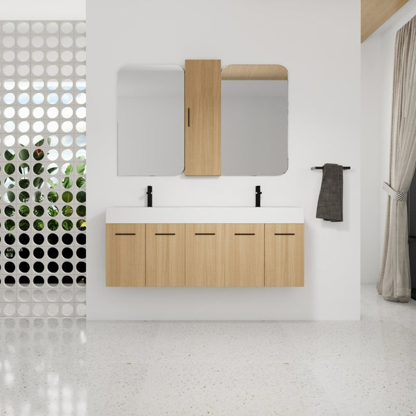 English Elm 60 Inch Floating Double Sink Vanity Set with Linen Tower in Warm Oak Plywood W3450S00117