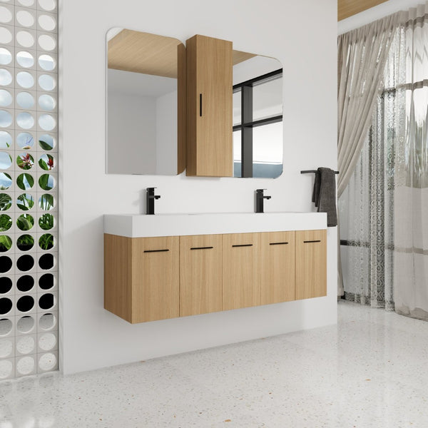 English Elm 60 Inch Floating Double Sink Vanity Set with Linen Tower in Warm Oak Plywood W3450S00117