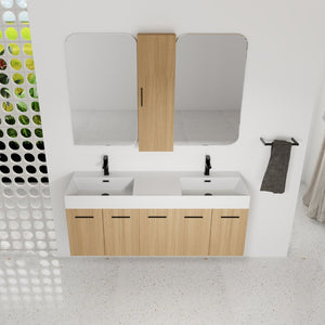 English Elm 60 Inch Floating Double Sink Vanity Set with Linen Tower in Warm Oak Plywood W3450S00117
