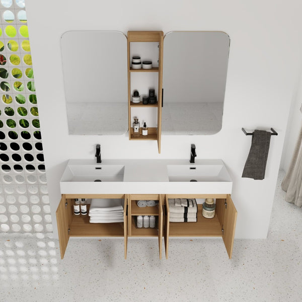 English Elm 60 Inch Floating Double Sink Vanity Set with Linen Tower in Warm Oak Plywood W3450S00117