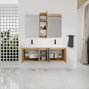 English Elm 60 Inch Floating Double Sink Vanity Set with Linen Tower in Warm Oak Plywood W3450S00117