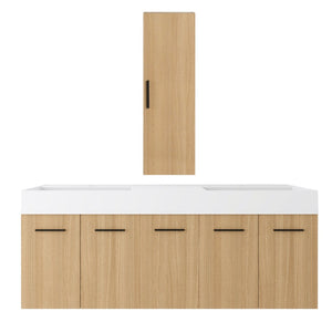 English Elm 60 Inch Floating Double Sink Vanity Set with Linen Tower in Warm Oak Plywood W3450S00117