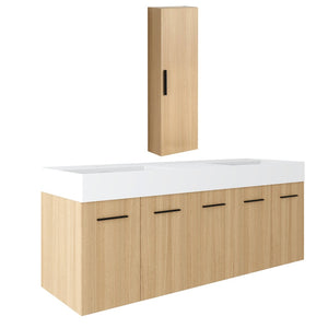 English Elm 60 Inch Floating Double Sink Vanity Set with Linen Tower in Warm Oak Plywood W3450S00117