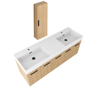 English Elm 60 Inch Floating Double Sink Vanity Set with Linen Tower in Warm Oak Plywood W3450S00117