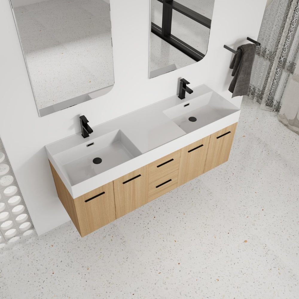 English Elm 60 Inch Floating Double Sink Vanity Light Oak Plywood Soft Close Storage Cabinet W3450S00118