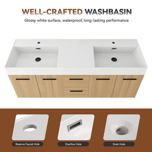English Elm 60 Inch Floating Double Sink Vanity Light Oak Plywood Soft Close Storage Cabinet W3450S00118