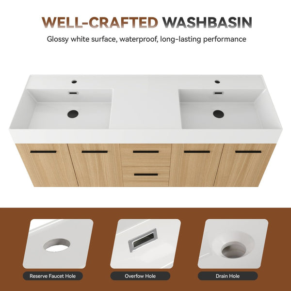 English Elm 60 Inch Floating Double Sink Vanity Light Oak Plywood Soft Close Storage Cabinet W3450S00118