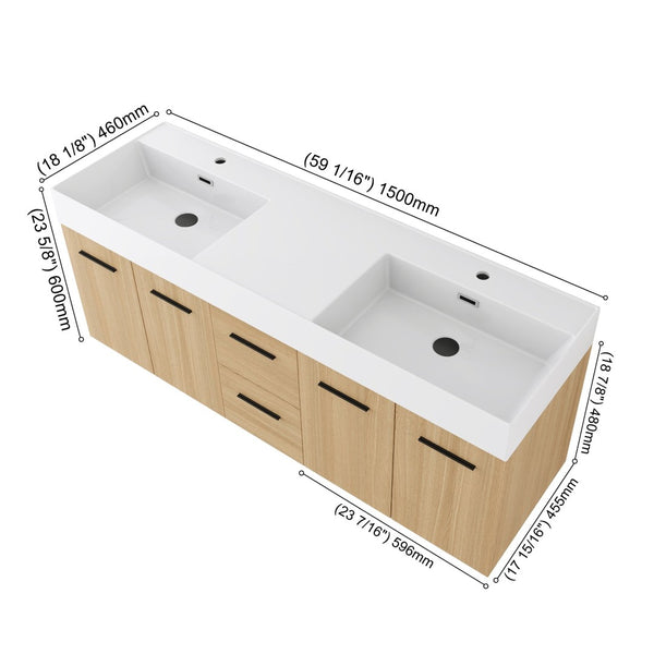 English Elm 60 Inch Floating Double Sink Vanity Light Oak Plywood Soft Close Storage Cabinet W3450S00118