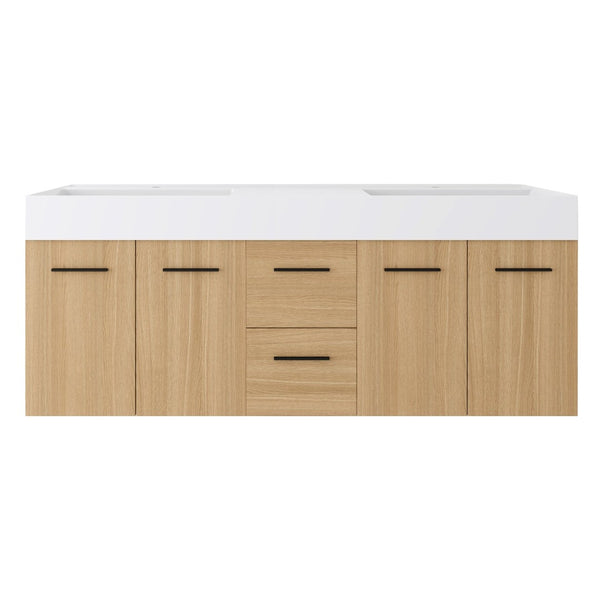 English Elm 60 Inch Floating Double Sink Vanity Light Oak Plywood Soft Close Storage Cabinet W3450S00118