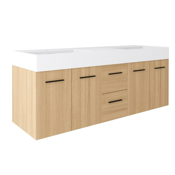 English Elm 60 Inch Floating Double Sink Vanity Light Oak Plywood Soft Close Storage Cabinet W3450S00118