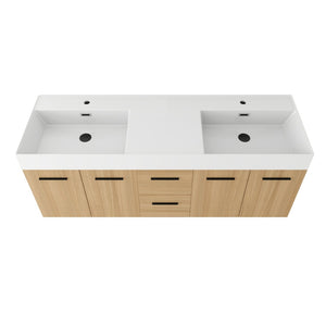 English Elm 60 Inch Floating Double Sink Vanity Light Oak Plywood Soft Close Storage Cabinet W3450S00118