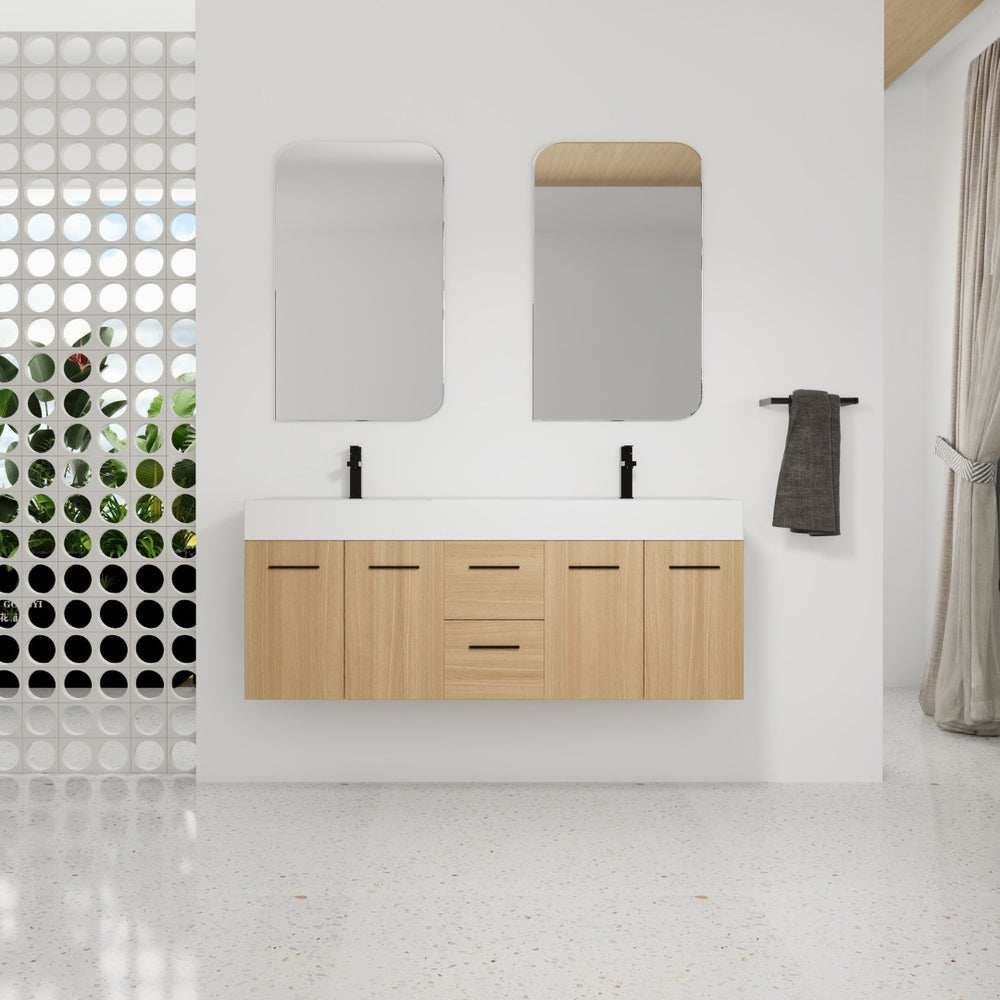 English Elm 60 Inch Floating Double Sink Vanity Light Oak Plywood Soft Close Storage Cabinet W3450S00118