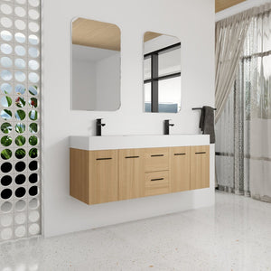 English Elm 60 Inch Floating Double Sink Vanity Light Oak Plywood Soft Close Storage Cabinet W3450S00118