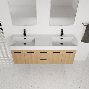 English Elm 60 Inch Floating Double Sink Vanity Light Oak Plywood Soft Close Storage Cabinet W3450S00118
