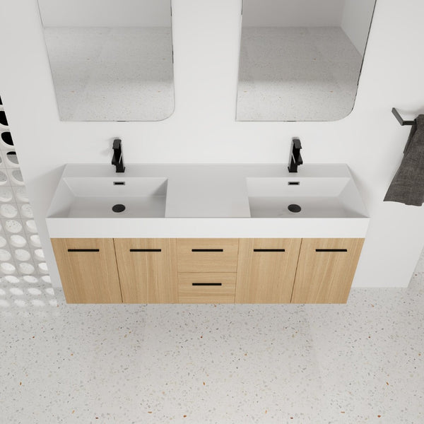 English Elm 60 Inch Floating Double Sink Vanity Light Oak Plywood Soft Close Storage Cabinet W3450S00118